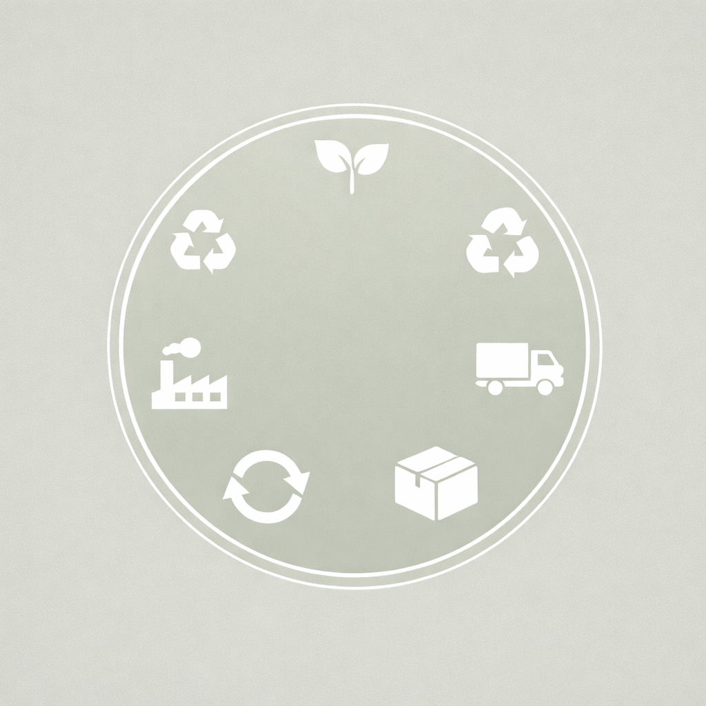 Kreislaufgrafik zu nachhaltiger Produktion mit Icons für Recycling, Fabrik, Transport und Verpackung
