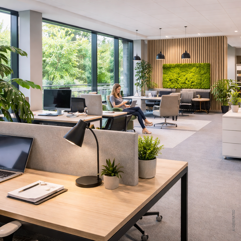 Modernes Büro mit Arbeitsplätzen, Pflanzen und begrüntem Wandelement, im Hintergrund arbeitet eine Frau in einer Loungeecke