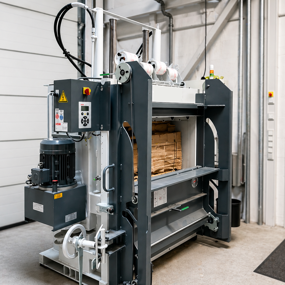 Industrielle HSM Ballenpresse für Kartonagen mit Bedienpanel und Elektromotor in Lagerhalle